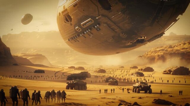 A cinematic, dramatic science fiction scene in the desert of an alien planet, with troops marching along with vehicles