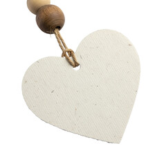a wooden heart-shaped tag with a hole at the top, tied with a natural-colored string and a bead