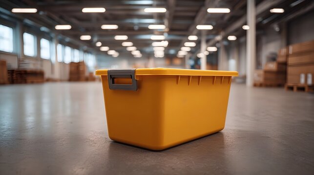 A bright yellow storage bin rests on a concrete floor in a large industrial warehouse setting with shelves and boxes in the background