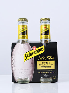 Package of Schweppes tonic water on white background