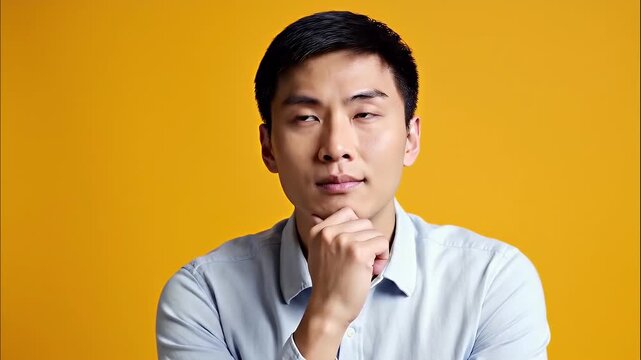 Portrait of a pensive Asian man thinking on a yellow background.