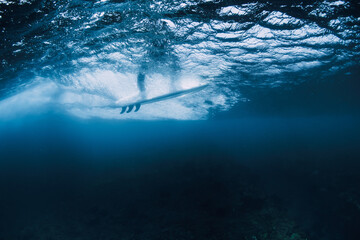 Underwater scene of surfer riding wave with surfboard
