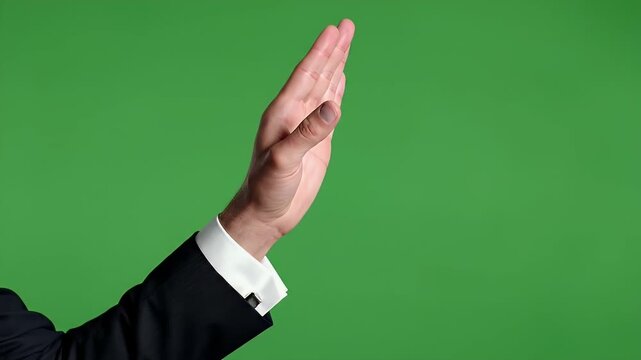 Man's hand in black suit and white shirt with cufflinks, palm open