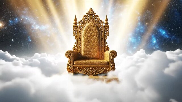 Luxurious ornate royal throne with intricate carvings and golden details set against a cosmic background with illuminated clouds and shining stars