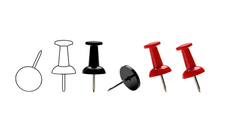 A set of colorful push pins in various styles and colors on transparent background