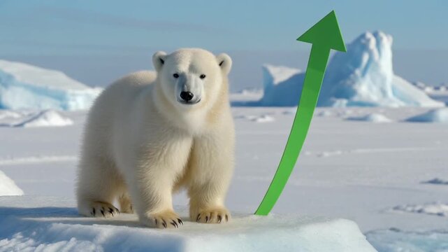 Polar bear standing on melting ice block with green arrow pointing up in Arctic landscape
