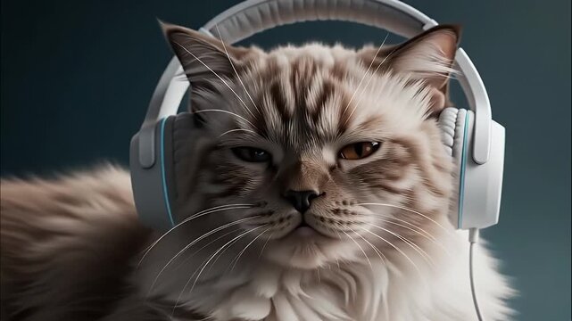 A fluffy cat portrait listening to music with white headphones.