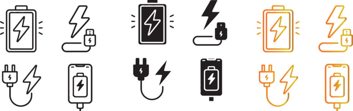 good A variety of vector icon set depicting electrical charging and battery symbol, offering a clean, contemporary feel.  good