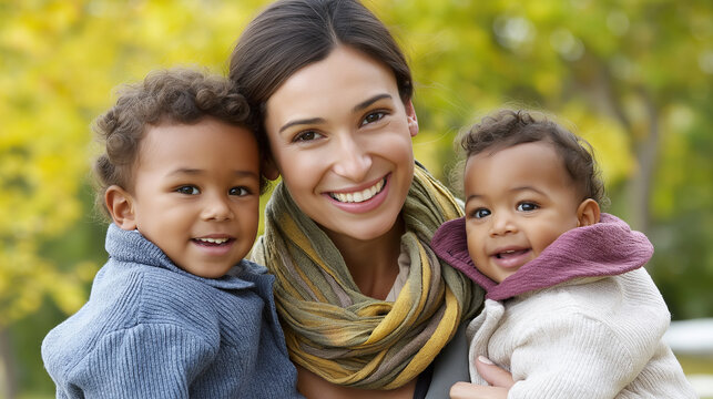 Outdoor portrait of happy young mother with two lovely sons, family enjoying autumn day in public park, mixed race family bonding, with copy space