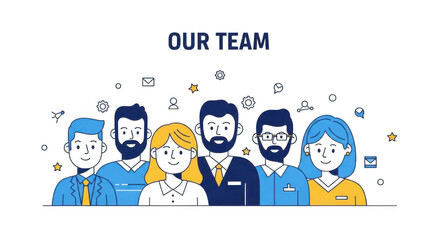 A diverse group of happy cartoon people with beards and different hair colors standing together as a team on a transparent background with icons