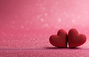 Fototapeta premium two red hearts on a pink glittery background with copy space for a valentine's day celebration, a love concept. 