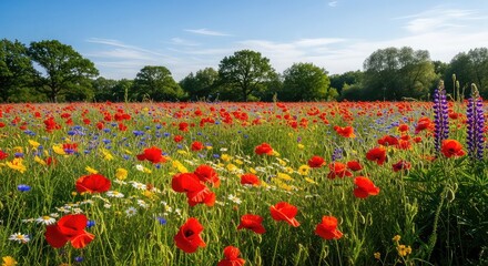 Fototapeta premium Serene landscape of vibrant wildflowers in full bloom under clear blue sky