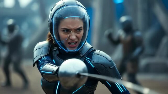 Woman in futuristic armor and helmet practicing fencing with a sword, moving through different stances for a combat simulation in a sci-fi setting