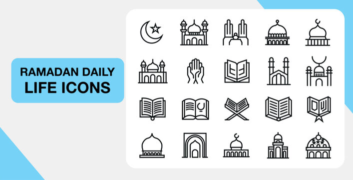 Ramadan Life Icons: A collection of meticulously crafted icons, each a symbol of the traditions, practices, and spirit of Ramadan, ideal for digital design and cultural projects.