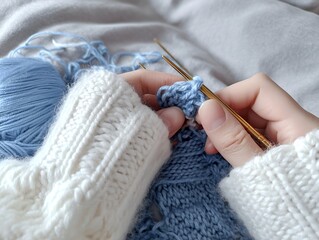 毛糸と編み針で手編みを楽しむ静かな時間と温もりが伝わる集中した手元の情景