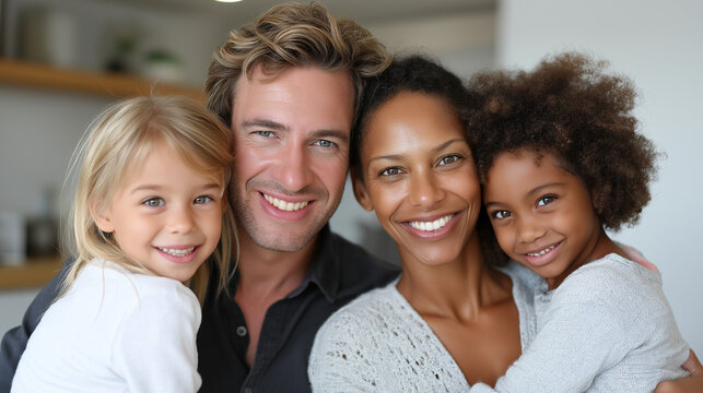Portrait of happy multiracial couple enjoying sweet family moment with adorable mixed race daughters at home, smiling stepsisters cuddling cheerful parents, looking at camera, with