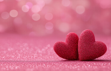 Fototapeta premium two red hearts on a pink glittery background with copy space for a valentine's day celebration, a love concept. 