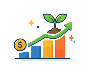 Investment concept long term growth idea centered on a rising chart line combined with a small plant sprout, expressing patience, stability,