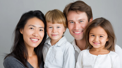 Fototapeta premium Asian and white mixed family with mother father son and daughter, interracial household portrait, multicultural parenting representation, diverse family structure, with copy space