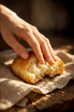 Hand gently touching fresh bread on linen cloth in warm natural light. Focus on texture, softness, warmth, quiet sensory moment, intimate food still life. Tactile comfort concept.