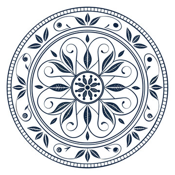 Navy blue ornamental plate with radial symmetry and leaf pattern