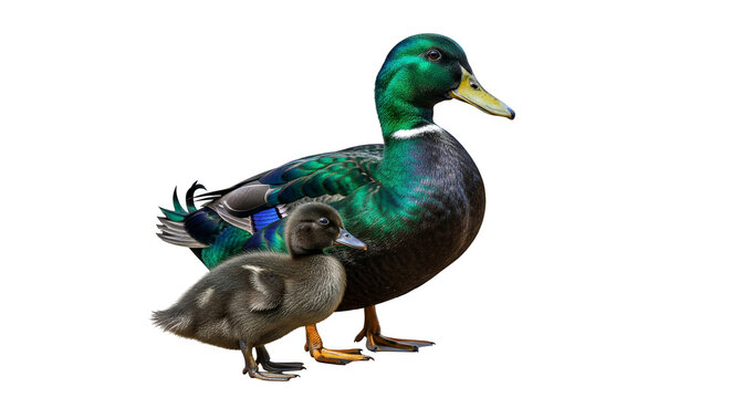 Cayuga duck stands with duckling on white background showcasing green feathers and supporting young one with body language and stance