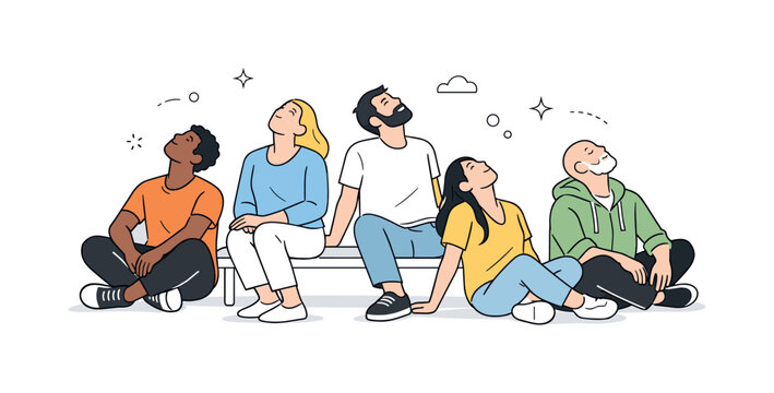 People leaning heads back. Mixed group sits on the floor or benches, heads tilted back at different angles. Natural unposed rest, calm