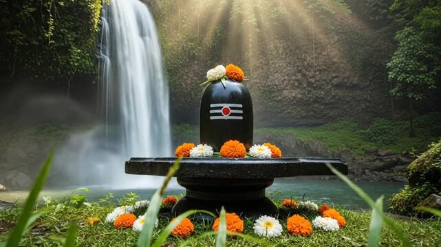 Divine Shivling with continuous milk abhishek, glowing trishul, temple lamps and sacred flowers &ndash; spiritual Sawan Somwar and Mahashivratri concept of Lord Shiv Shankar Bholenath worship&rdquo;
