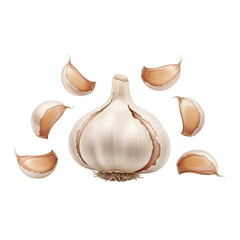 Whole head of garlic with separated cloves arranged around it, isolated on a white background for cooking and health.