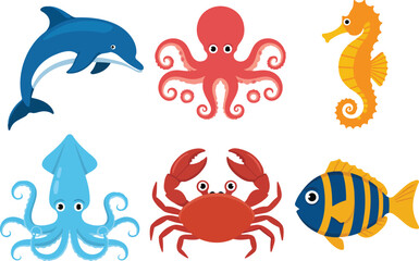 Obraz premium Cute Sea Animal Vector Set Dolphin, Octopus, Seahorse, Crab, Fish, Squid