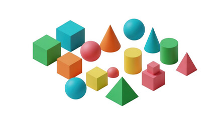 Colorful 3d geometric shapes isolated on transparent background for design