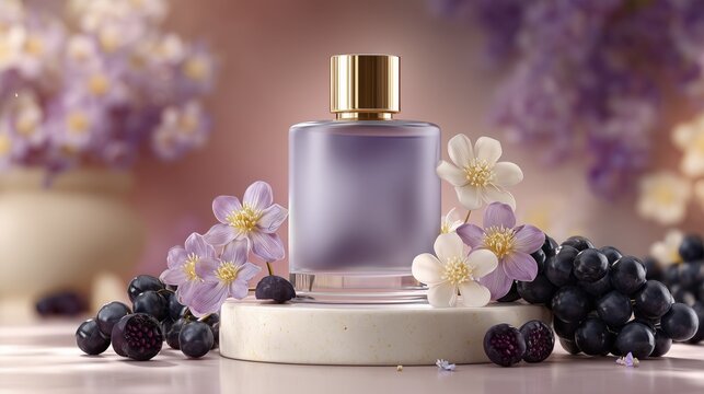 luxury perfume bottle with violet glass floral fruits feminine background