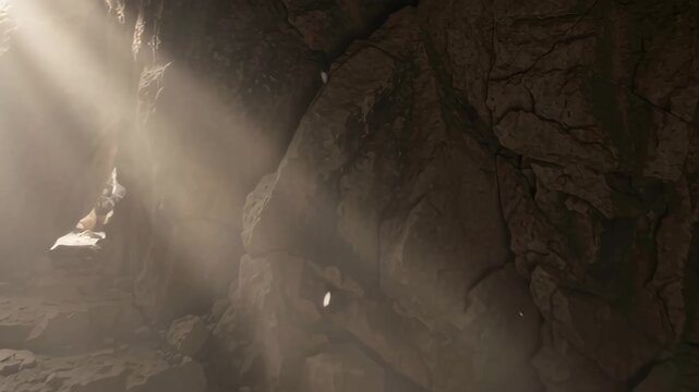 The empty tomb with a burial shroud in a dark cave illuminated by light rays, symbolizing resurrection on Easter
