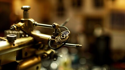 Close-up of antique gold-toned machine part with complex design, blurred background