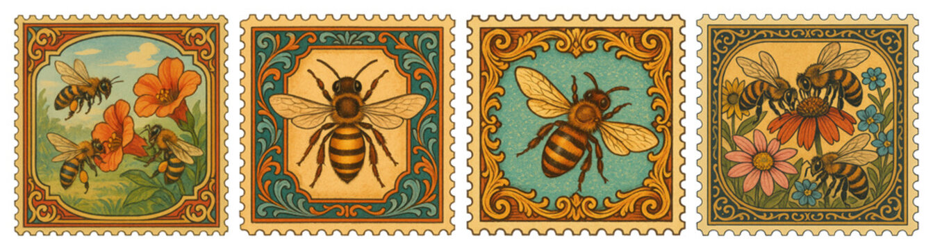 PNG Vintage bee postage stamp collection on transparent background