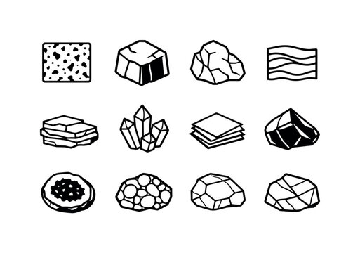Rock & Mineral Types. Line icon set of Rock & Mineral Types: granite texture, basalt sample, limestone shape, sandstone pattern, shale rock,
