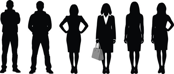 Professional Business People Silhouettes Set, Corporate Men and Women Standing, Casual Office Staff Icons, Diverse Team Group Figures, Workwear Fashion Graphics © Utpal