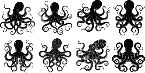 Set of octopus silhouettes and detailed kraken icons featuring various tentacle poses and patterns for marine life and nautical themed designs © Utpal