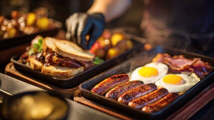 Delicious meal preparation with sausages, eggs, and sandwiches in a busy kitchen setting at breakfast time