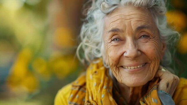 The wise smile of an elderly woman against a blurred yellow-green background will be a warm accent in social advertising or projects dedicated to family values and respectful treatment of the older ge