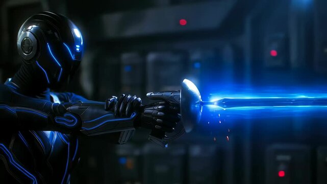 Futuristic warrior wielding energy sword in dark science fiction setting. Augmented reality and virtual combat game concept.