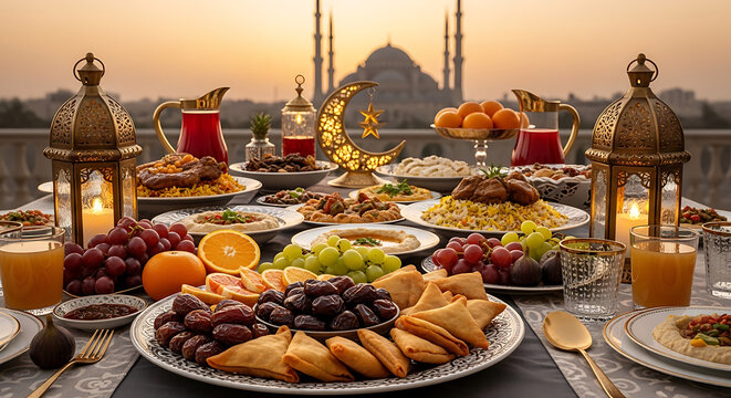 Traditional Iftar Feast at Sunset Ramadan Celebration with Arabic Cuisine and Mosque Background
