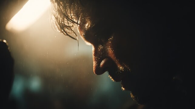 Man with sweat on his face during a workout at the gym in the evening with dim lighting