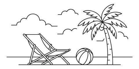 Minimalist line art illustration of a relaxing tropical beach scene featuring a lounge deck chair, a palm tree, and a beach ball. © Pollob