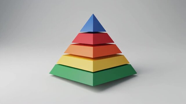 A colorful pyramid shape made of stacked, painted wooden blocks on a gray background, possibly used for educational or decorative purposes