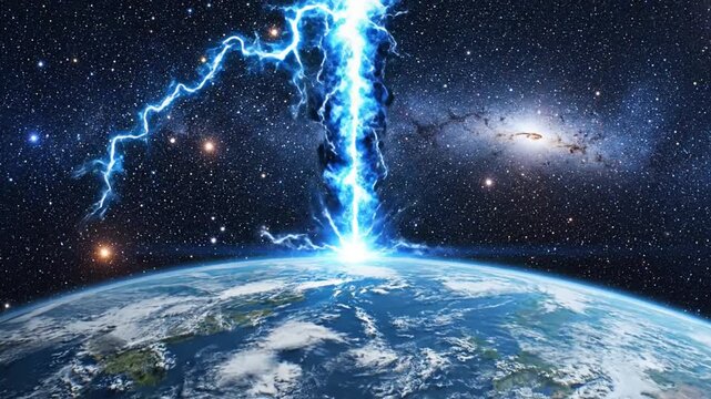 A bright blue lightning bolt strikes Earth from space, set against a starry galaxy background, symbolizing energy or global connection