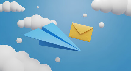 青い紙飛行機と黄色い封筒が浮かぶ空の景色