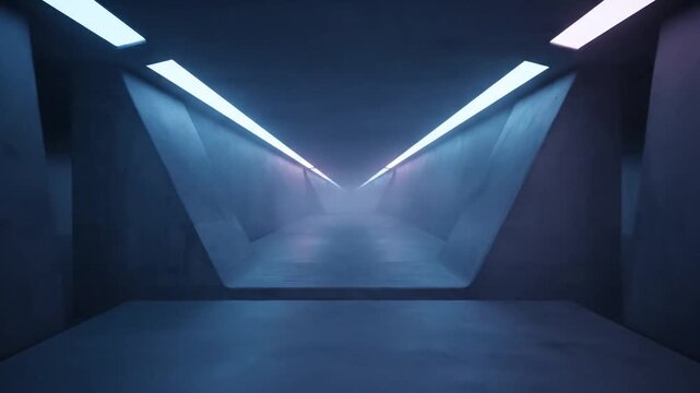 Futuristic corridor with converging triangular lights and sleek blue walls, viewed from a low angle, creating a sense of depth and technology