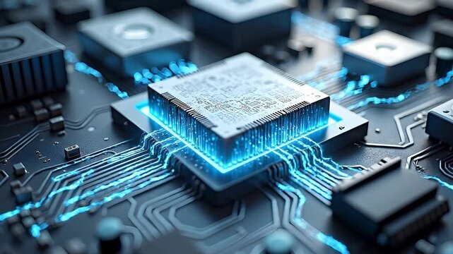Advanced microchip animation with glowing data connections, futuristic processor technology, high performance computing circuit board, digital innovation background video