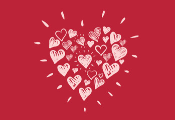 Hearts set on red, hand drawn illustrations	
